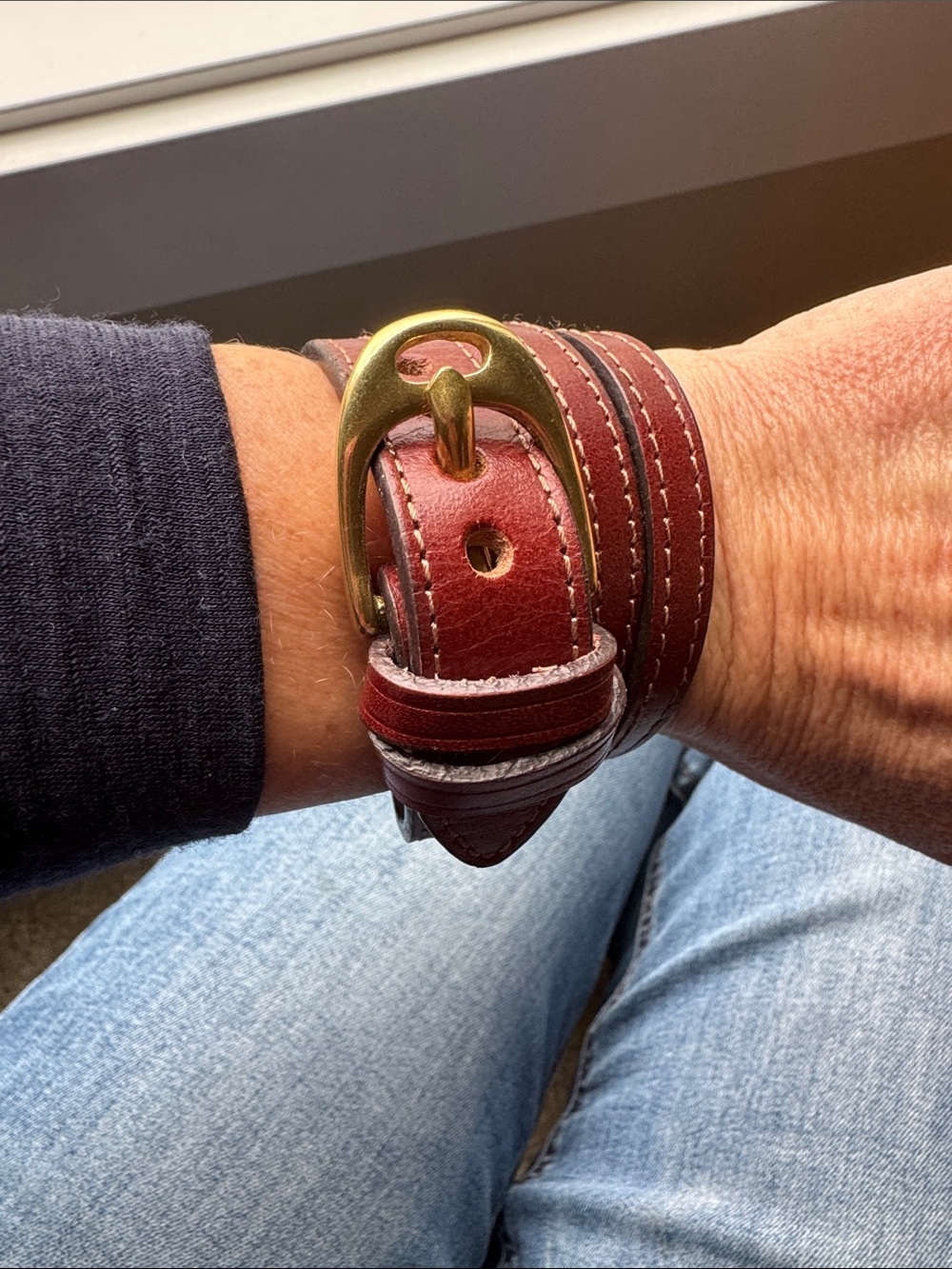 Leather Wrap Belt Bracelet in Brown with Brass English Stirrup Buckle